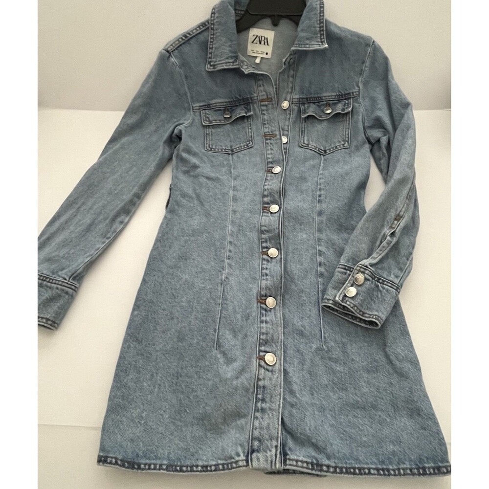 ZARA Blue Denim Jacket Distressed Women's Button Mid-Length Small No Belt
